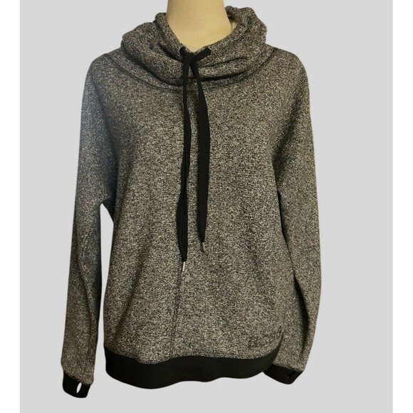 BCBG MaxAzria Womens L Gray  Hooded Sweatshirt Funnel Neck Sweater Rhinestone - Picture 2 of 9